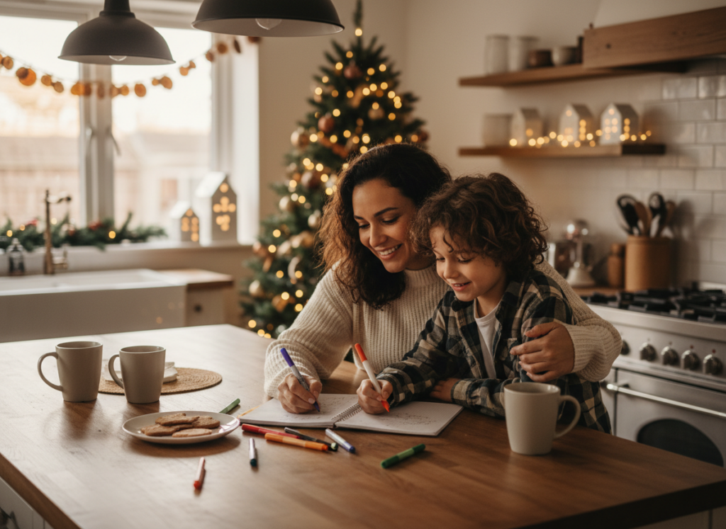 Mãe e criança fazendo lista de presentes para educação financeira infantil no Natal