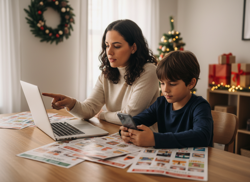 Criança aprendendo a pesquisar preços no Natal e comprar com consciência
