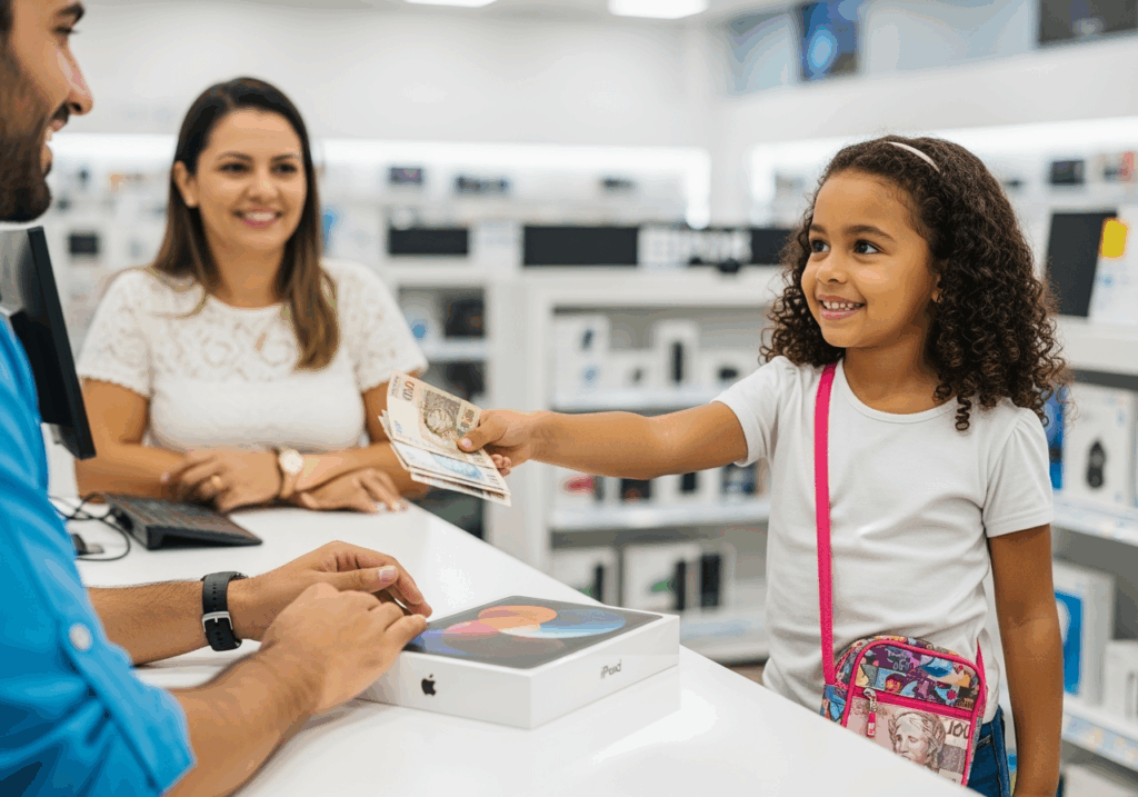 Criança comprando com dinheiro próprio - sucesso da educação financeira"