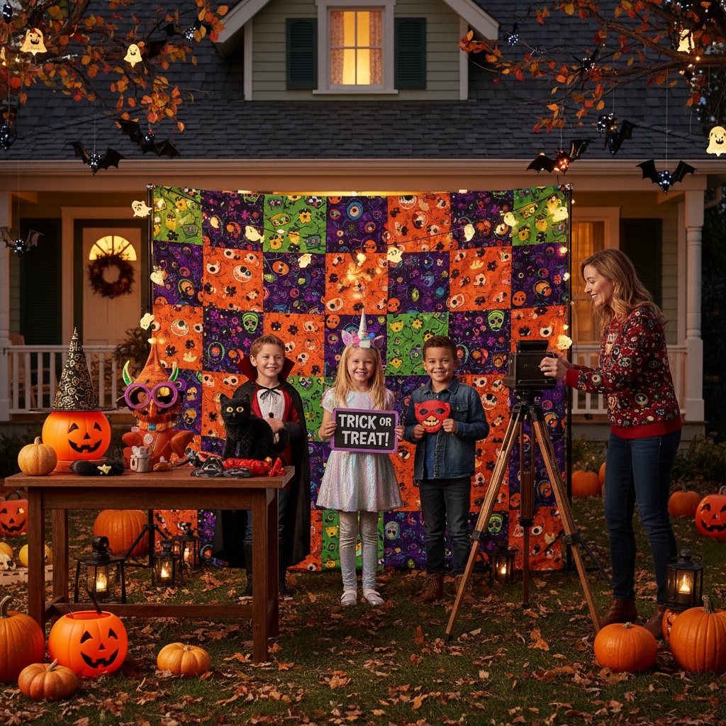 Estação de fotos de Halloween com crianças fantasiadas posando em photo booth decorado com abóboras e adereços temáticos