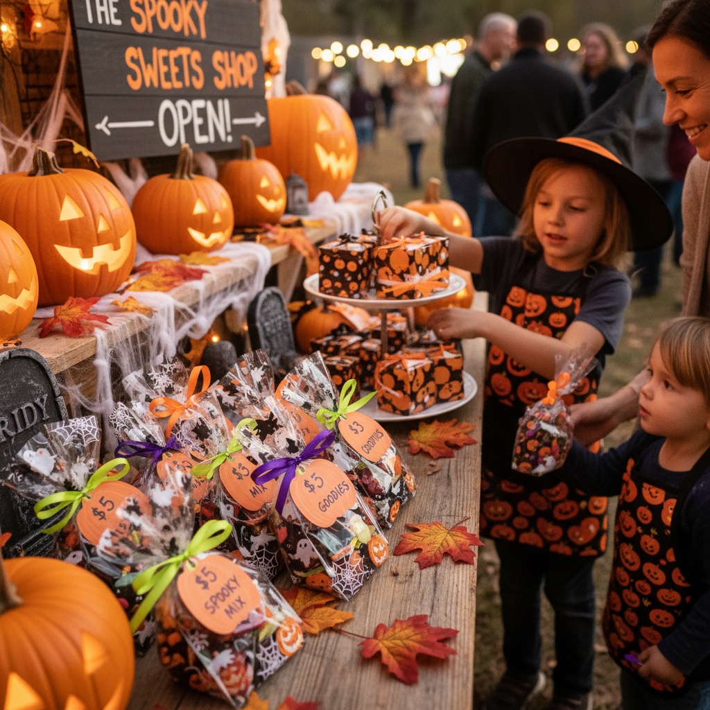 Mesa com pacotes de doces personalizados de Halloween organizados por criança empreendedora com etiquetas de preço