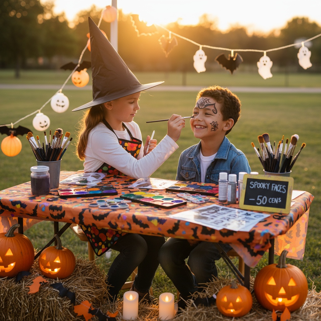 Criança pintando rosto de outra criança com desenhos de Halloween em estação de face painting decorada com abóboras