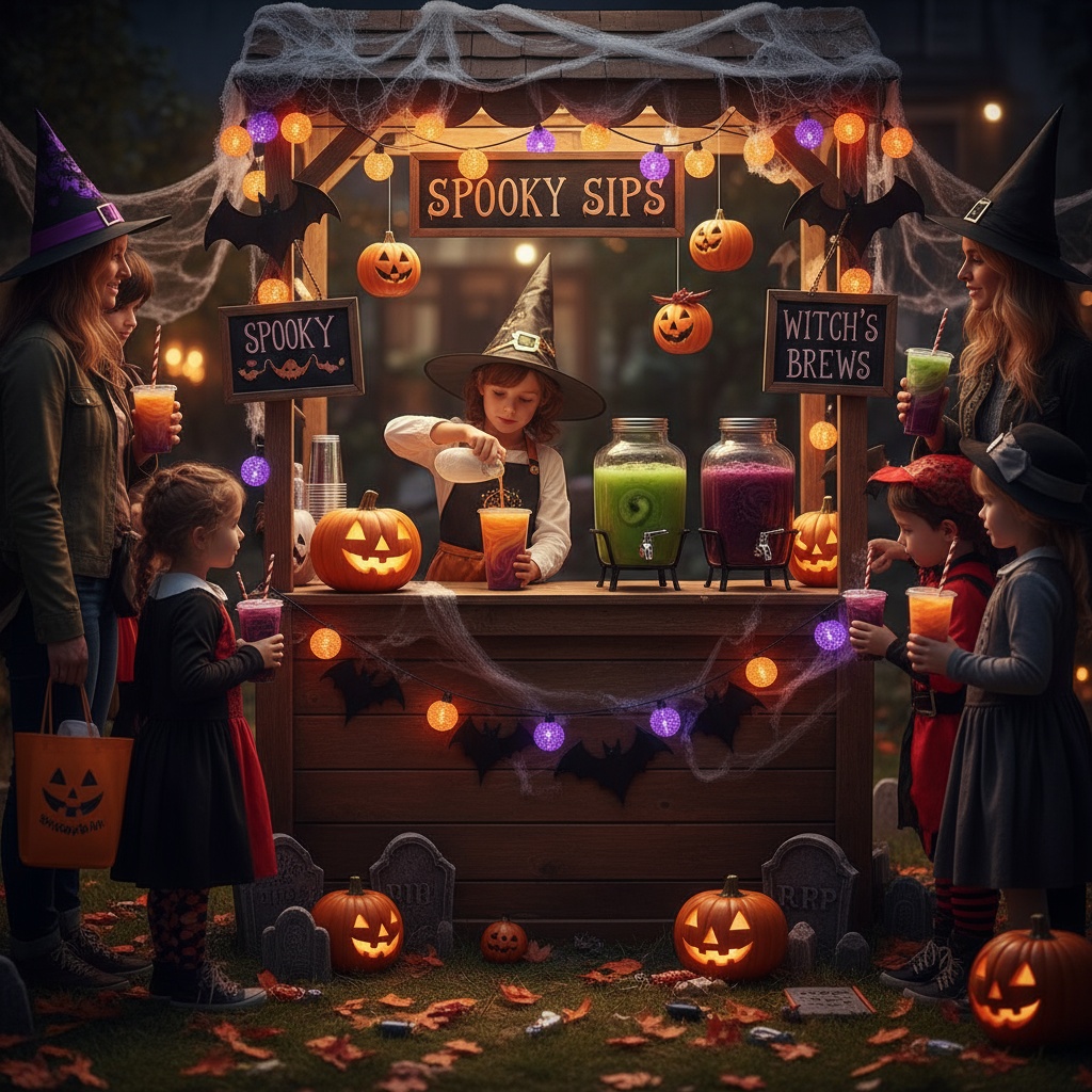 Barraquinha de smoothies temáticos de Halloween com bebidas coloridas laranjas, verdes e roxas servidas por criança empreendedora