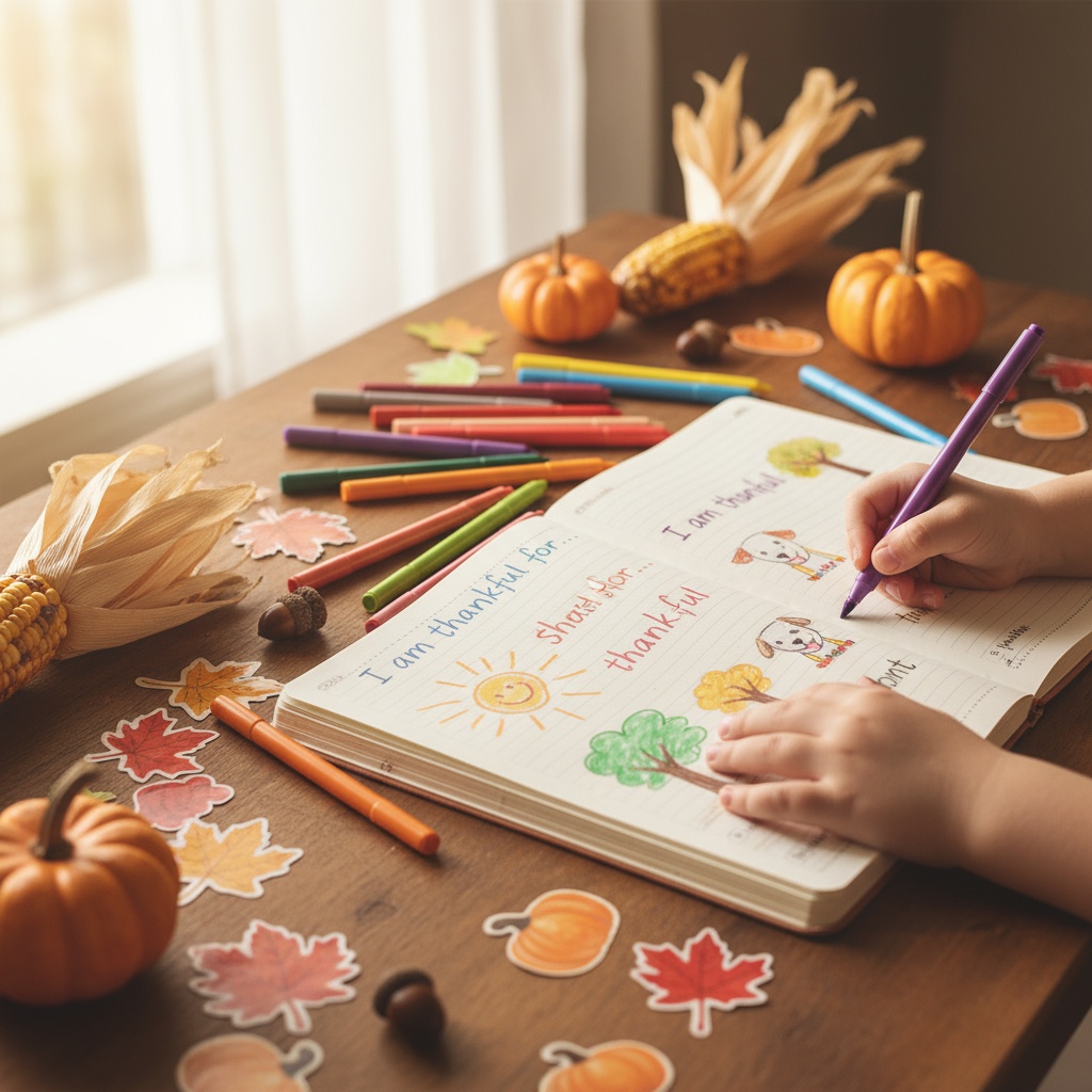 Criança escrevendo diário de gratidão com marcadores coloridos e decoração de outono para atividade de Thanksgiving
