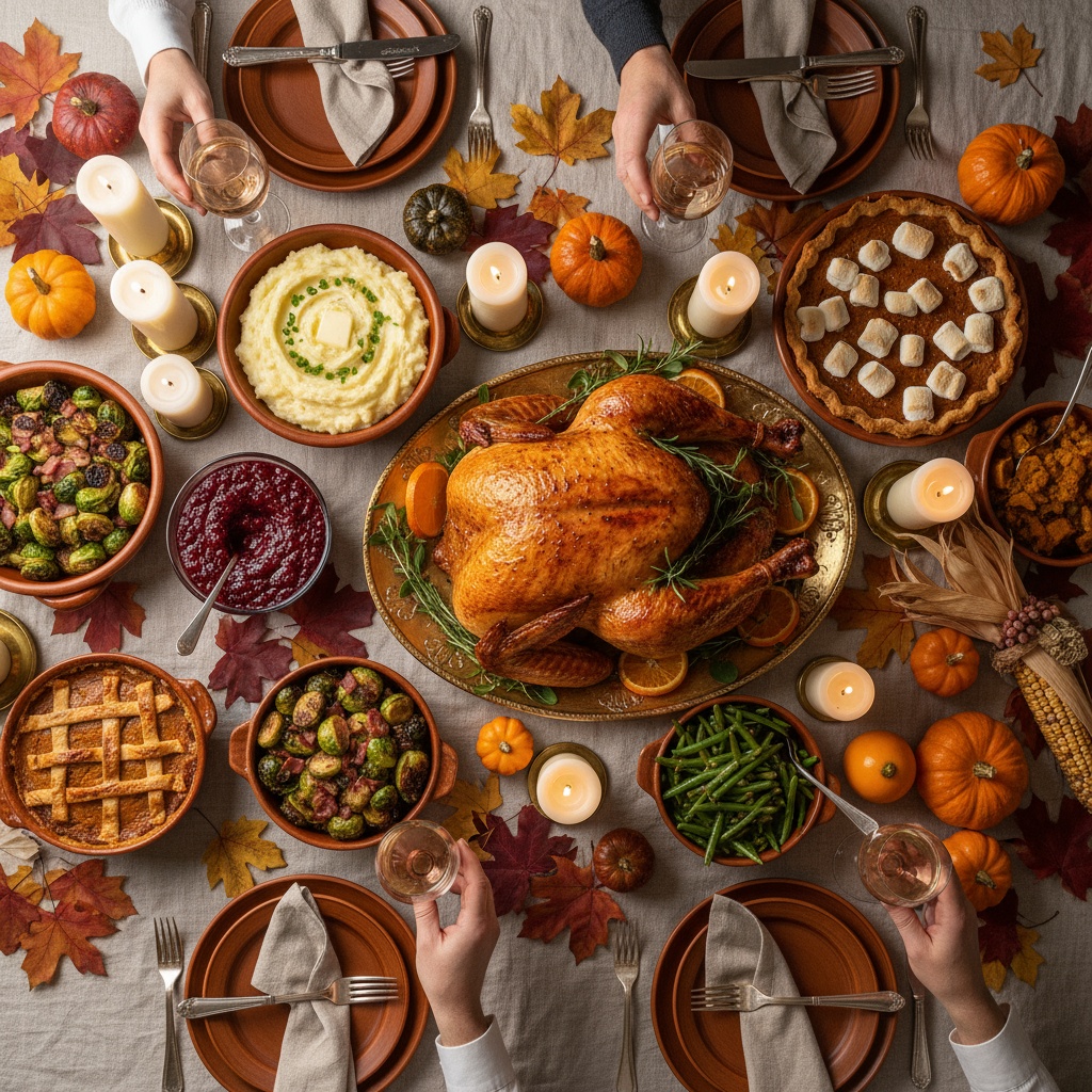 Mesa de Thanksgiving com peru assado, acompanhamentos tradicionais e decoração de outono para ensinar gratidão às crianças