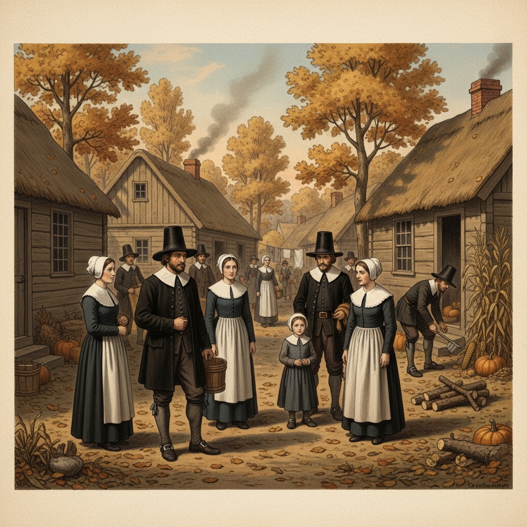 Peregrinos em Plymouth Colony com roupas tradicionais do século 17 para explicar origem do Thanksgiving às crianças
Título: