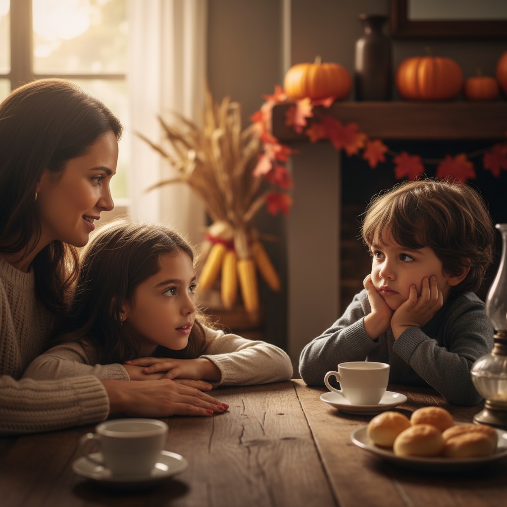 Mãe brasileira explicando Thanksgiving para filhos em casa com decoração de outono e ambiente acolhedor