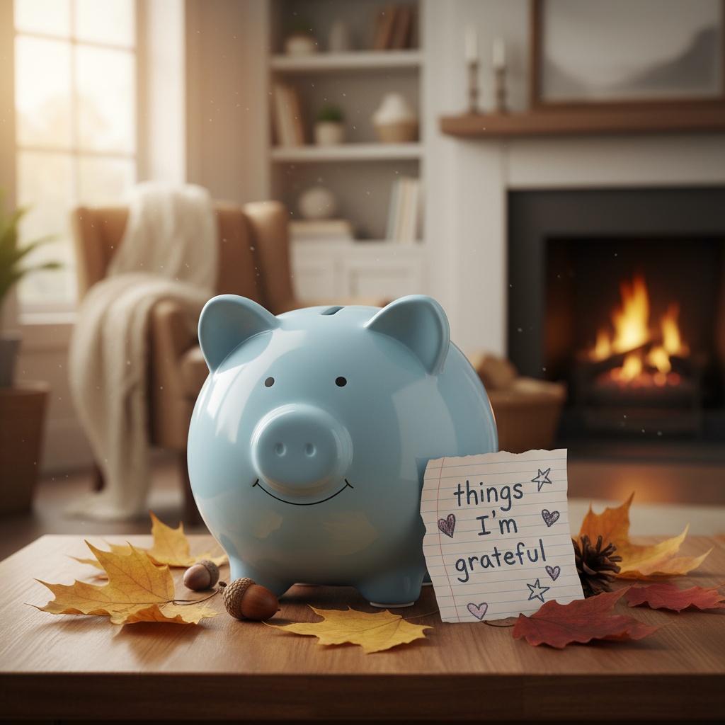 Cofrinho infantil ao lado de bilhete de gratidão com decoração de outono conectando Thanksgiving e educação financeira
