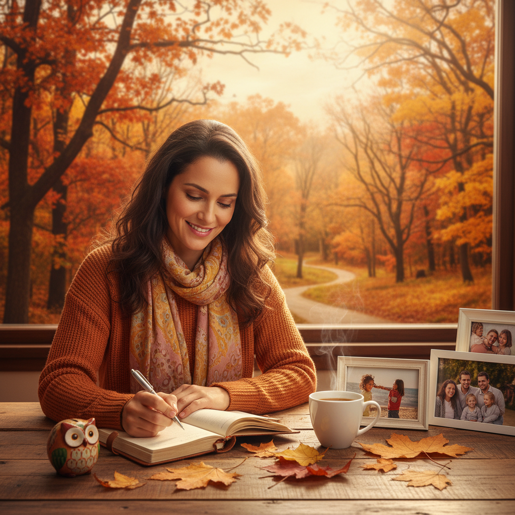 Mãe brasileira escrevendo em diário de gratidão em mesa de casa com luz natural, cofre de moedas e decorações de outono ao fundo simbolizando transformação pessoal