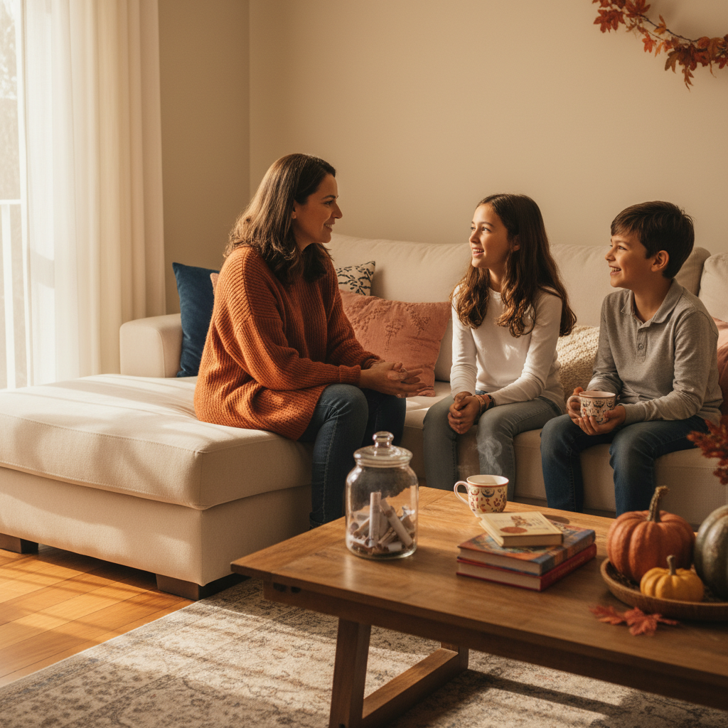 Mãe brasileira conversando com dois filhos em sofá de casa, contato visual genuíno e conexão emocional, pote de gratidão visível, ambiente acolhedor