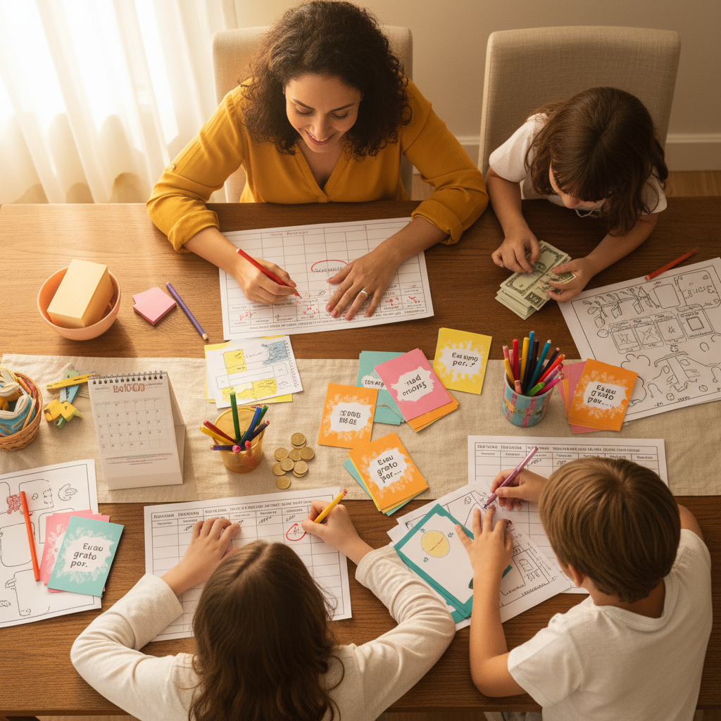 Família brasileira trabalhando junta em mesa com calendário de 4 semanas, listas de orçamento, materiais educativos coloridos e atividades práticas de Thanksgiving