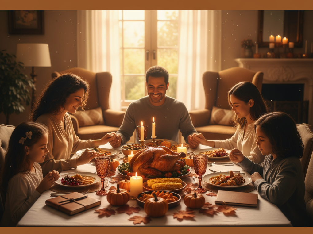 Família brasileira reunida em volta da mesa de Thanksgiving em momento de gratidão, com decorações de outono, peru assado e velas acesas, representando educação financeira através da gratidão