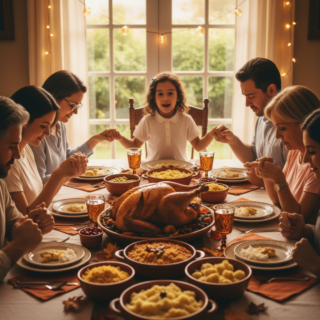 Família brasileira em volta da mesa de Thanksgiving em um momento de gratidão.