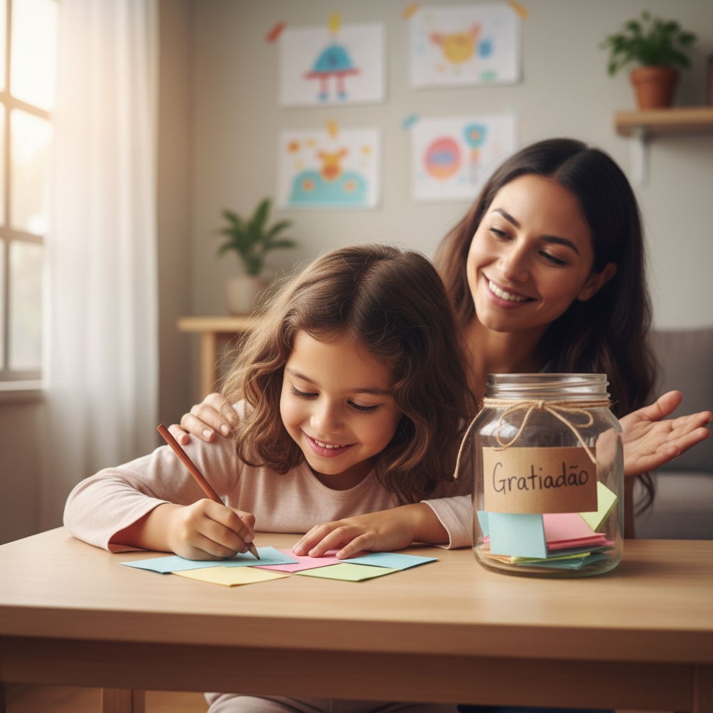Criança escrevendo bilhetes para colocar em um pote da gratidão, com a mãe ao fundo.