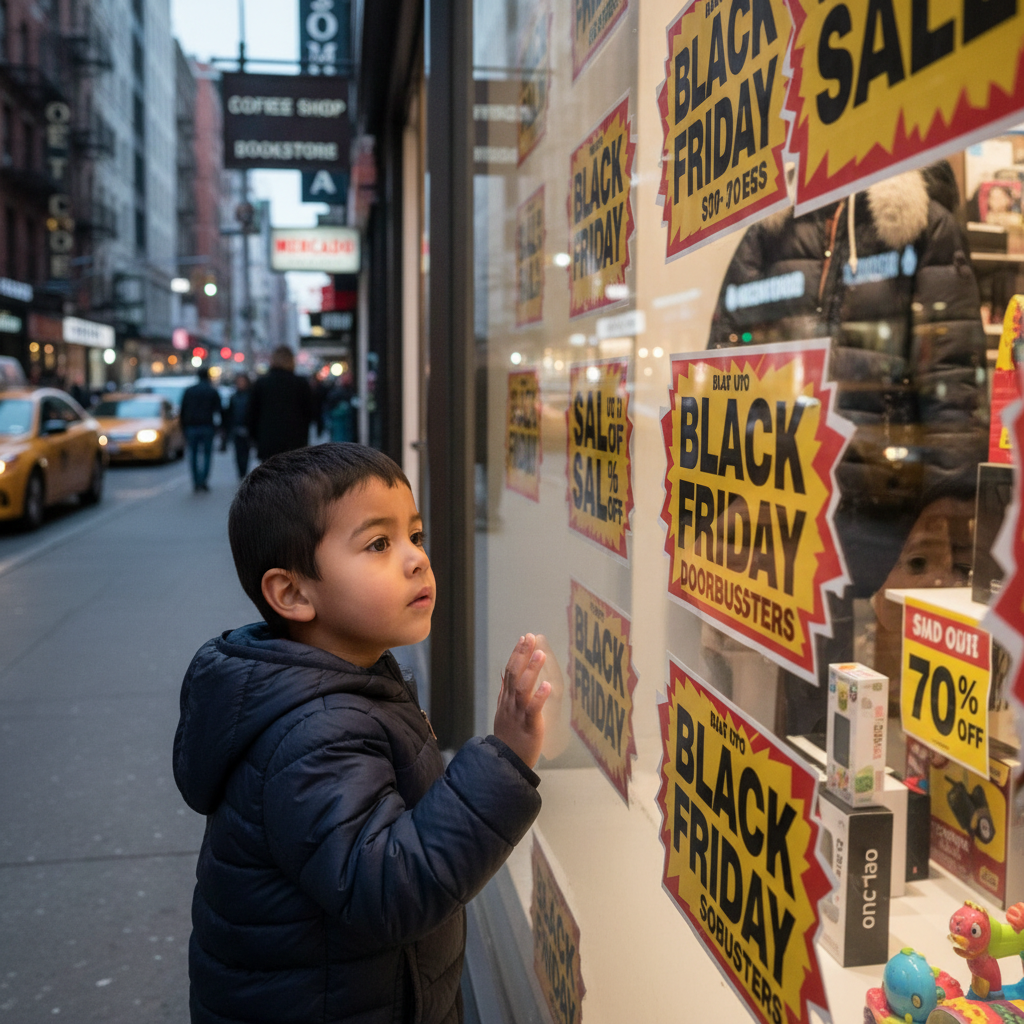 Criança latina olhando para vitrine com cartazes de Black Friday e promoções.