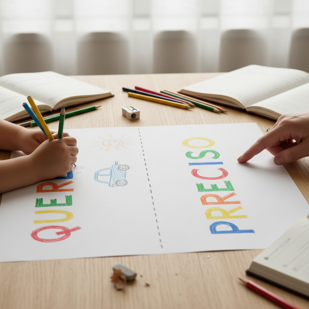 Folha dividida em “Quero” e “Preciso” com mãe e criança escrevendo juntas.