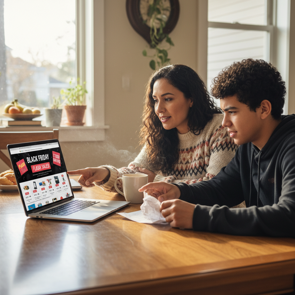 Mãe latina e filho adolescente planejando juntos as compras de Black Friday no notebook.