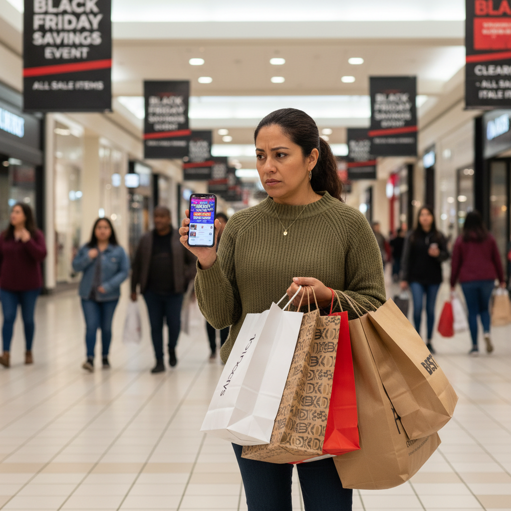 Mãe latina em shopping com sacolas de Black Friday olhando o celular com expressão de dúvida.