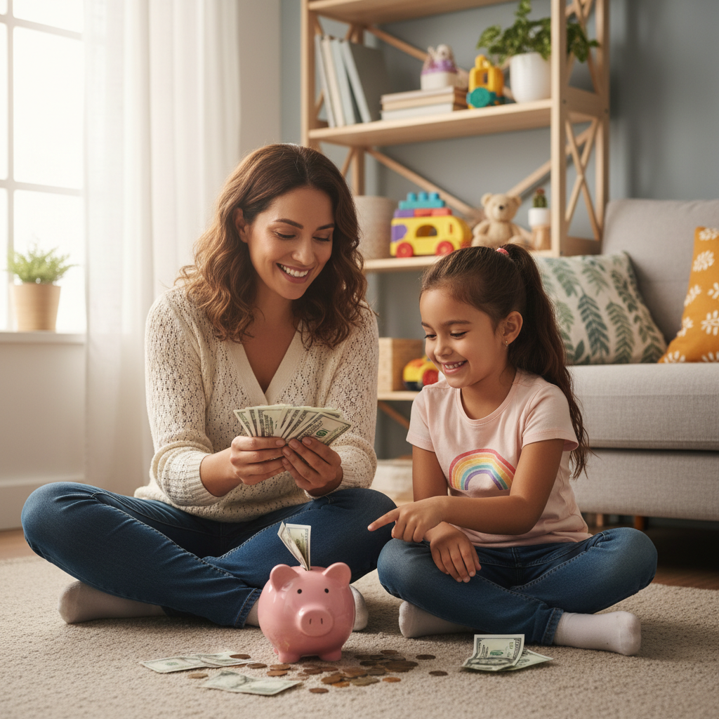 Mãe e filha sentadas no chão contando dinheiro ao lado de um cofrinho.