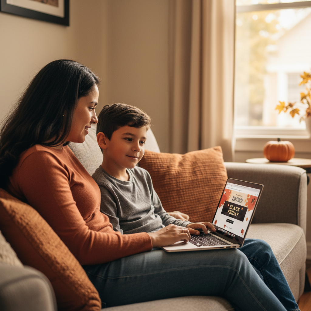 Mãe brasileira e filho conversando no sofá enquanto olham promoções de Black Friday no notebook.