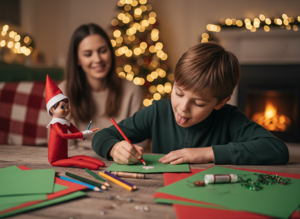 Elf on the Shelf com atividade infantil: criança fazendo cartão de Natal e aprendendo valor além do preço