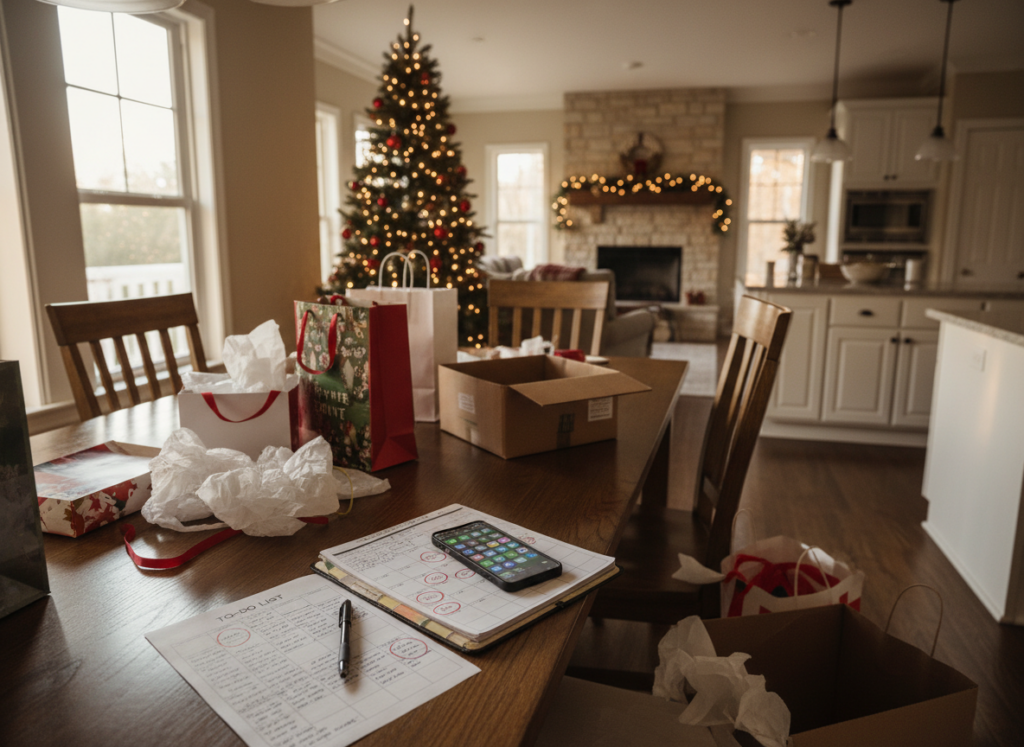 Mesa com planner, lista de tarefas e notificações no celular mostrando a carga mental do Natal