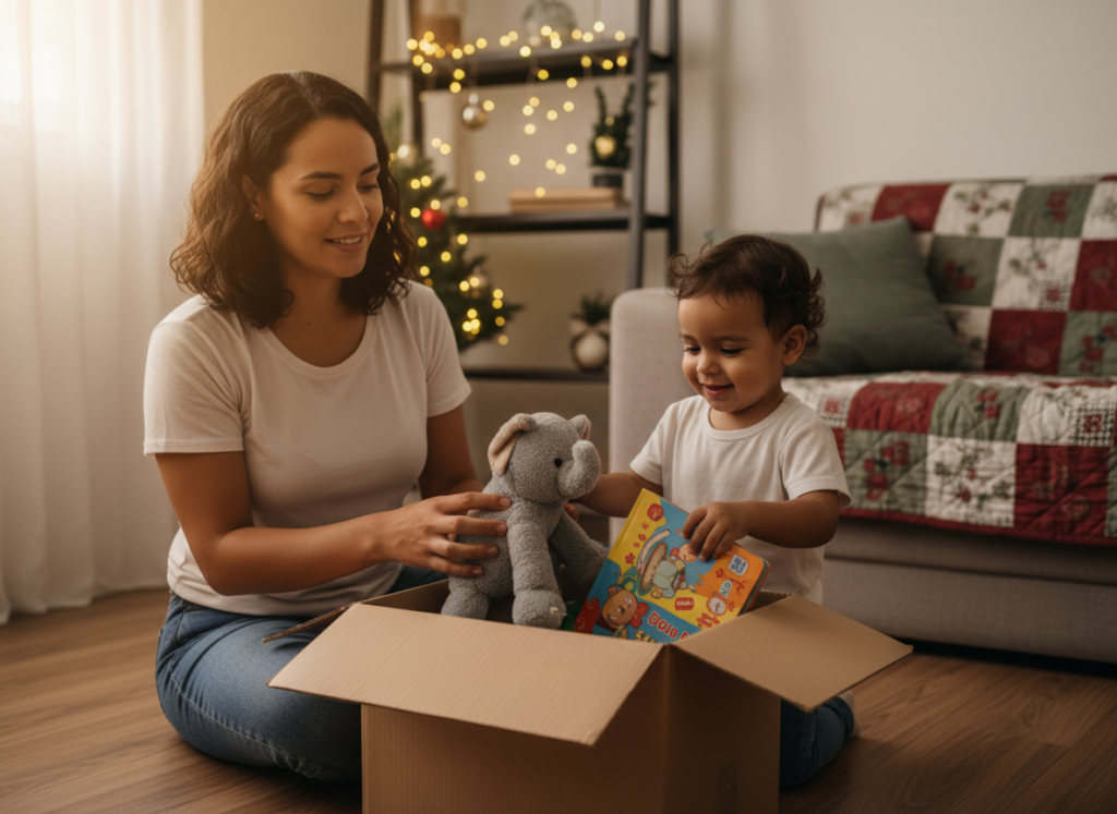 Mãe e criança separando doação no Natal para ensinar gratidão, generosidade e Natal consciente