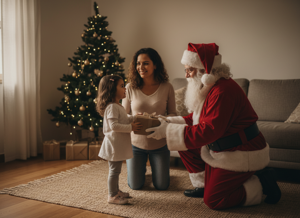 Papai Noel entregando um presente simples para uma criança, mostrando que Natal consciente não depende de presentes caros