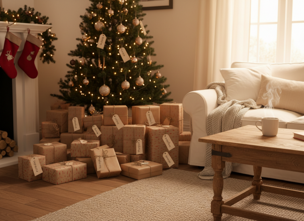Presentes embaixo da árvore embrulhados com o mesmo papel para não comparar quem ganhou o quê do Papai Noel