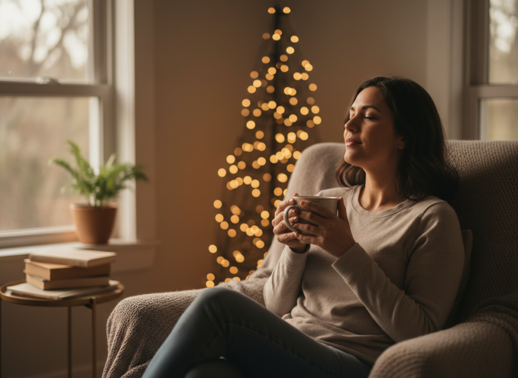 Mãe fazendo uma pausa com chá para recarregar e viver um natal sem culpa