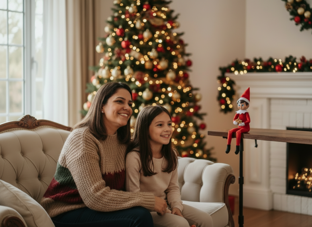 Elf on the Shelf: mãe e filha conversando em casa com o elfo como ajudante no Natal