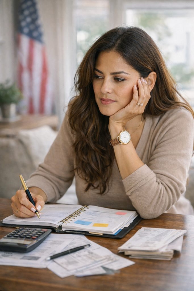 mulher brasileira preocupada organizando contas