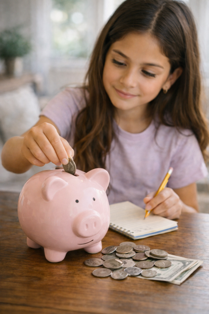 crianca colocando dinheiro no cofrinho aprendendo sobre dinheiro